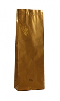 Blockbodenbeutel/Teebeutel 3-lagig gold mit Aufdruck schwarz 100g